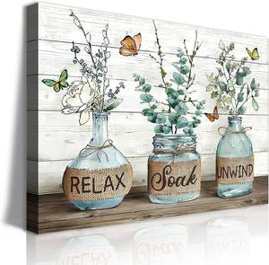 lot 271239 image: BJVJKSU Farmhouse Bathroom Wall Art Rustic Green Botanical Bathroom Canvas Wall Decor Relax Soak Unwind Painting Print Eucalyptus Butterfly Picture Artwork Decor(16x24in)