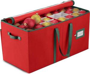 lot 371207 image: ZOBER Large Christmas Ornament Storage Box - Stores 128 3 Ornaments, With Dividers - Ornament Organizer Storage Box, Durable Christmas Containers Holder - Extra Pockets, Dual Zipper - Red