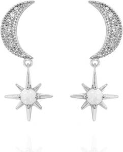 lot 9187244 image: 925 Sterling Silver Cubic Zirconia Dangle Crescent Moon and Star Opal Drop Earrings