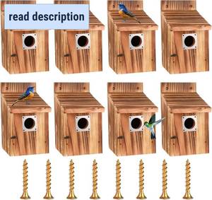 lot 171228 image: 8-Piece Outdoor Bird House Set, Bird Houses for Outside with Metal Guards, Safety Locks, Flight Slots, & Ventilation, Bluebird Houses with 1-12 Entrance for Bluebirds, Wrens, Finches