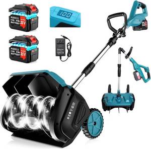 lot 141986 image: Retails for $209 Cordless Snow Shovel with Wheels, 16 Inch  4-Ah Brushless Electric Snow Blower, Battery Snow Thrower with Directional Plate & LCD Display & Adjustable Handle (2x21V Battery & Quick Charger Included)
