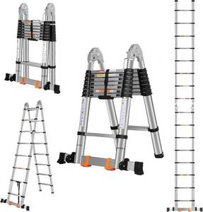 lot 451960 image: Retails for $160 A Frame Telescoping Ladder 16.5 FT Stainless Steel, 375lbs Capacity With Balance Bar and Movable Wheels, Multi-Purpose Collapsible for Indoor Outdoor Work