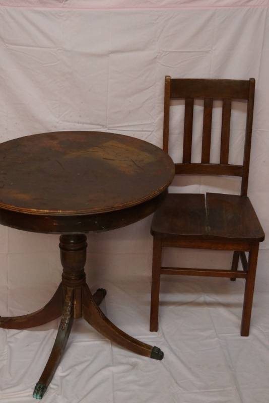 lot 401 image: Antique Table and Chair-  Brass Feet on Table