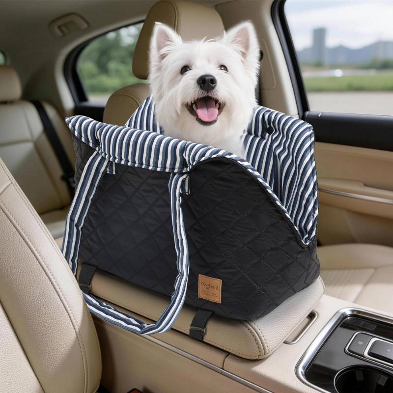 lot 27056 image: Small Dogs Under 12 lbs Adjustable Portable Center Console Car Seat, Built-in Bubble wrap, Fits Most Cars & SUVs with Convenient Handbag Functionality, Stylish Travel Pet Bag (Black) - Retail $30