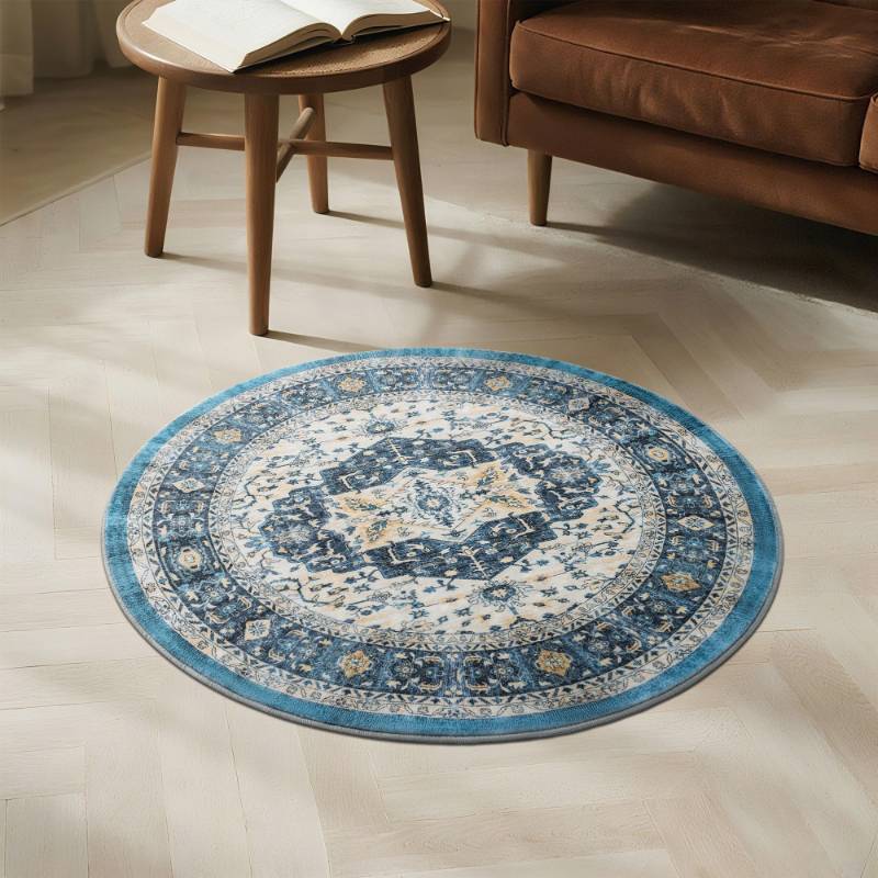 lot 27057 image: Carvapet Vintage 24 inch61 cm Small Round Rugs Non-Slip Washable Circle Rug with Rubber Backing Foldable Low Pile Design for Living Room Bedroom, 2ft Dark Blue Mini Rug