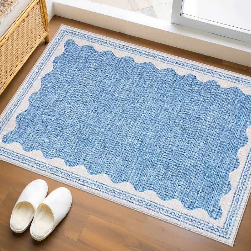 lot 27058 image: GarveeHome Door Mat Indoor Rugs for Entryway Small Throw Rug 2x3 Washable Non-Slip Solid Blue Modern Minimalism Soft Low-Pile Scalloped Carpet for Bedroom Kitchen Bath Entrance with Rubber Back - Retail $10