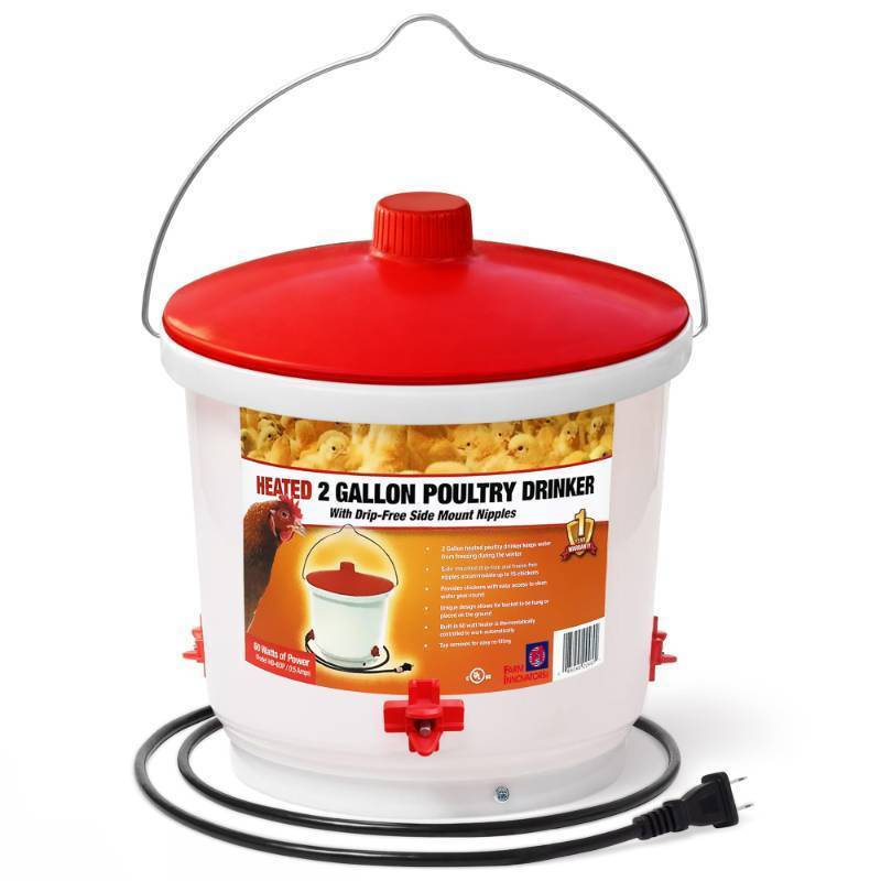 lot 27078 image: Farm Innovators Heated Waterer with Lid, 60W Hanging Water Dispenser - 2 Gallon Poultry Drinker Bucket with Red Top for Chickens, Turkeys, and Geese - Retail $54