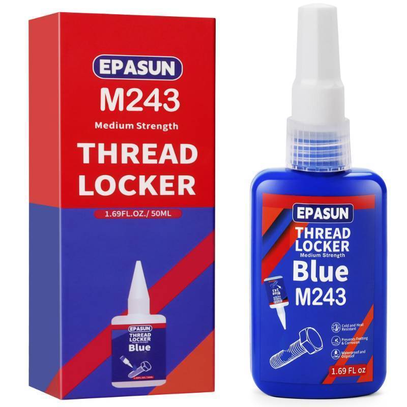 lot 33059 image: EPASUN 50ml Threadlocker Blue M243, Thread Lock Medium Strength Lock Tight for Nuts, Bolts, Fasteners, and Metals to Prevent Loosening and Corrosion - Retail $80