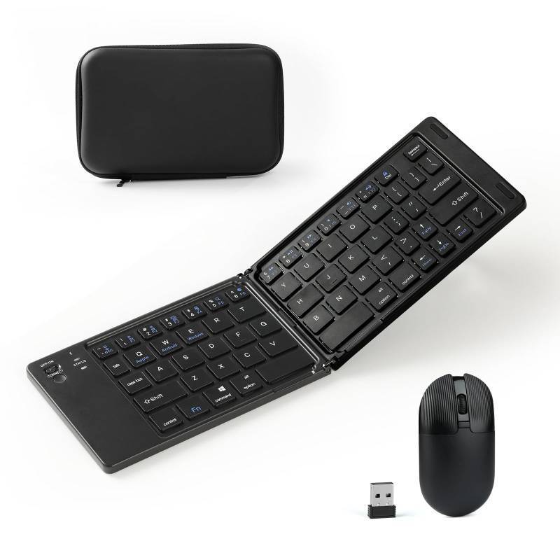 lot 40936 image: Foldable Keyboard and Mouse, 2.4G WirelessDual Bluetooth5.0 Folding Keyboard & Mouse Combos for Business and Travel, USB-C Rechargeable Portable Keyboard Mouse for iPads, Phones, Tablets-Black - Retail $50