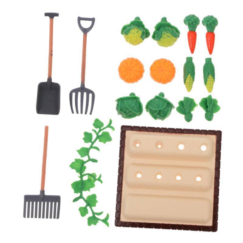 lot 40942 image: NUOBESTY Mini Shovel Rake Farm Model Kit Vegetable Figurines Mini Garden Tools Dollhouse Decorations Miniature Field Scene Landscape Outdoor Small Ornament Resin 1 Set - Retail $10