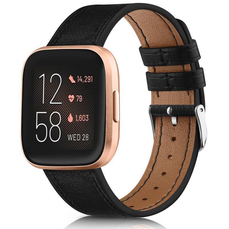 lot 40943 image: Meliya Leather Bands for Fitbit Versa 2 BandsVersaVersa LiteVersa SE for Women Men, Classic Genuine Leather Replacement Strap for Women Men (Black) - Retail $9