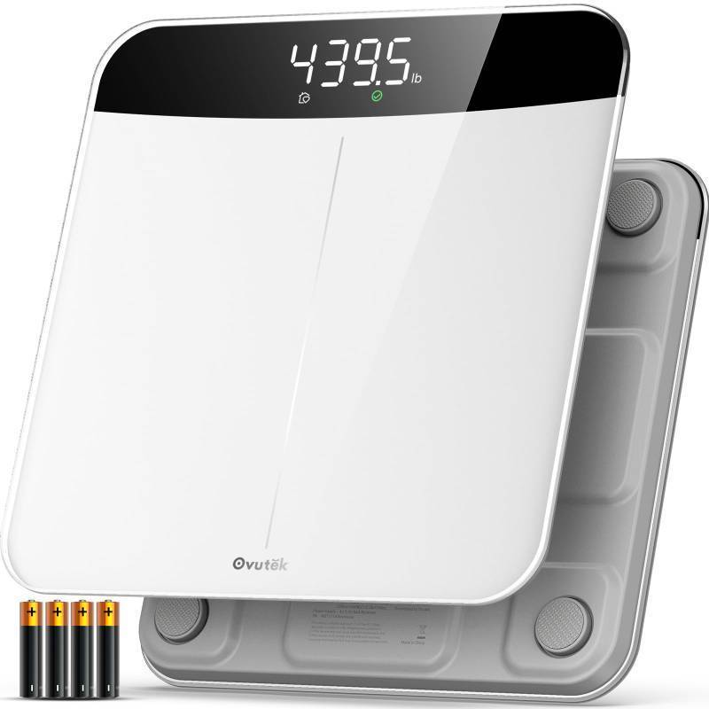 lot 50362 image: Ovutek Scale for Body Weight, Highly Accurate 450lb Digital Bathroom Scales for People, Automatic Weighing Machine for Baby, Pet, Light Items, Large LED, Sturdy and Durable Base, White - Retail $39
