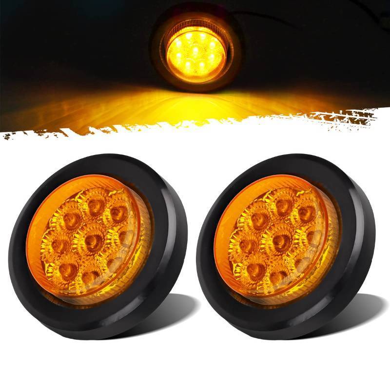 lot 50767 image: Partsam 2Pcs 2 Inch Round Truck Trailer Led Side Marker Clearance Light Amber 9 Diodes with Reflectors Sealed Waterproof 12V 2 Inch Round LED Side Fender Panel Lights with Grommets and Wire Pigtail - Retail $16