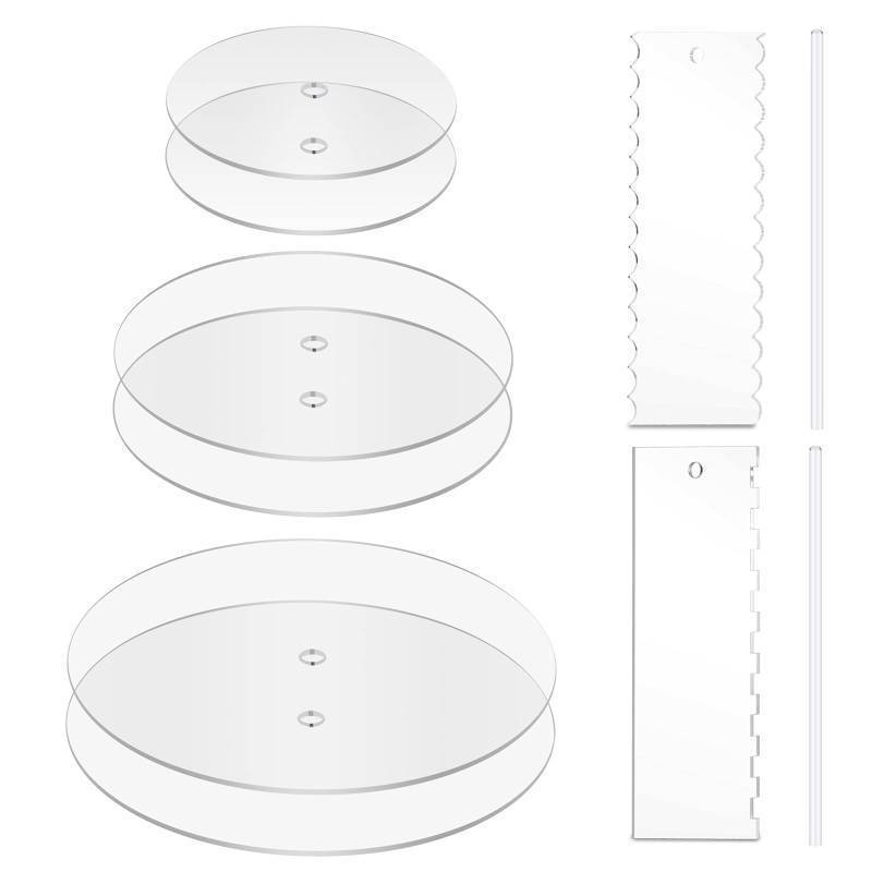 lot 59527 image: Ailaxq Acrylic Round Cake Discs Set 6.5, 8.5, 10.5 2 Circles Each Size, Comb Icing Scraper, Edge Smoother Cream Scraper - Retail $30