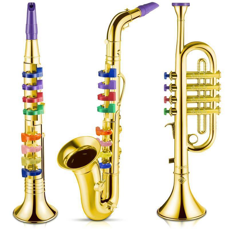 lot 26361 image: Lewtemi Set of 3 Saxophone for Kids Musical Instruments Toy Saxophone Toy Trumpet and Clarinet with 8 Colored Coded Keys Teaching Songs Gifts for Toddlers Children(Gold) - Retail $43