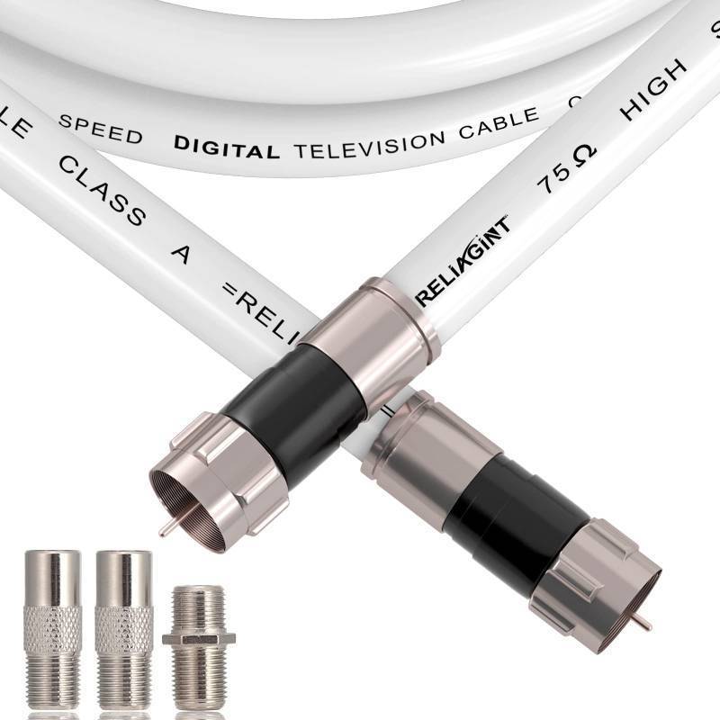 lot 51033 image: RELIAGINT 25ft RG6 Coaxial Cable White, 75 Ohm Coax Cable with F Connector & F81 Double Female Coupler, Low Loss High-Speed TV Antenna Extension Cord for HD TV, Satellite & Dish - Retail $14