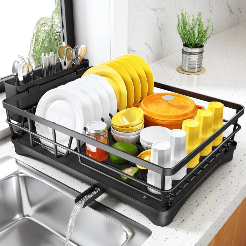 lot 26460 image: SNTD Dish Drying Rack for Kitchen Counter - Large Dish Rack with Drainboard, Rustproof Dish Drainer with Utensil Holder for Sink, Black - Retail $23