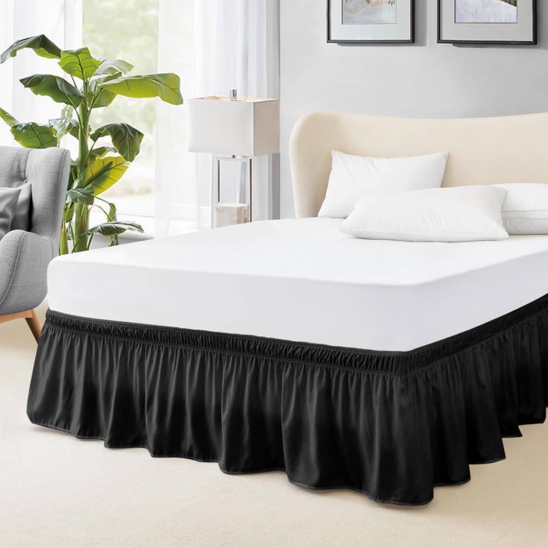 lot 26487 image: FreshCulture Queen Bed Skirt, Elastic Wrap Around Bed Skirt Queen Size, Bed Skirts for Adjustable Bed, Easy Fit with 22 Inch Drop Length, Hotel Quality Dust Ruffle for Queen Bed (Black) - Retail $16