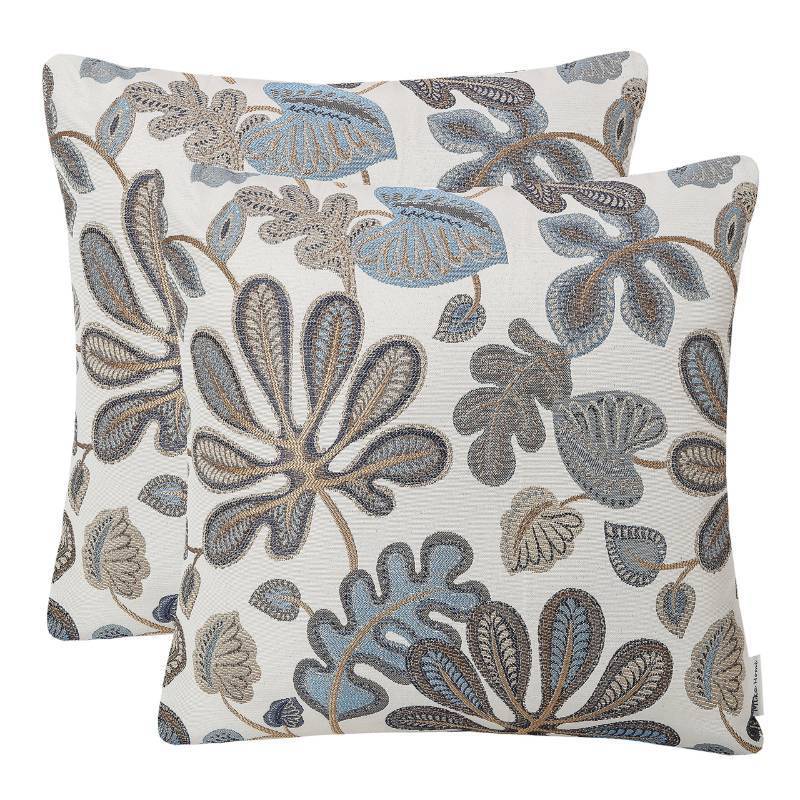 lot 32703 image: Mika Home Set of 2 Jacquard Tropical Leaf Pattern Throw Pillow Covers Decorative Pillowcase 20X20 Inches,Blue Cream - Retail $26
