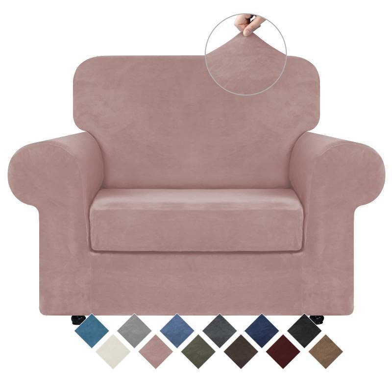 lot 26579 image: WEERRW Velvet Stretch Chair Sofa Slipcover - 2 Pieces Luxury Soft Velvet Plush Couch Cover Furniture Protector with Elastic Bottom for Pets, Machine Washable, Pink, Small - Retail $34