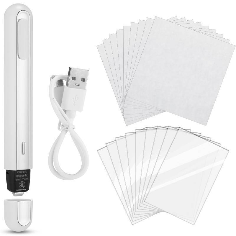 lot 26724 image: Grinsvalley 47 Pcs Card Flattening Kit Thermal Pen Card Based Care Tool Accessory Set Include 1 White Crease Reducer Thermal Pen 25 Heat Papers 20 Heat Vinyl Clear Sheets and 1 USB Charging - Retail $26