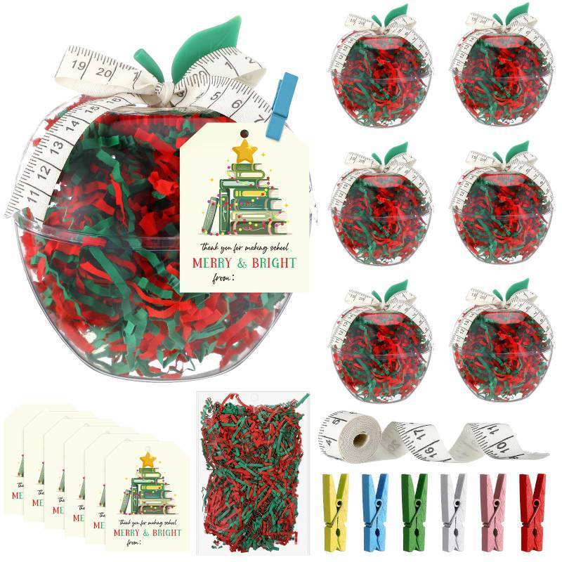 lot 59690 image: Chunful 6 Set Christmas Teacher Appreciation Gifts Include 6.1 x 4.3 Inch Large Plastic Apple Container with Cards Holders Raffia for Xmas Classroom School Party Decorations - Retail $28