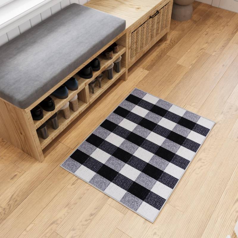lot 73133 image: Ottomanson Rugs for Entryway 23 x 3 Non Slip Buffalo Plaid Small Area Rugs Durable Front Door Mat Rug Stain Resistant Entrance Rugs for Bathroom Kitchen Bedroom & Living Room, BlackWhite damaged