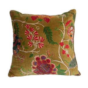 lot 23003 image: Creative Co-Op Cotton Blend Velvet Printed Pillow with Flowers and Mini Pom Pom Trim, Multicolor