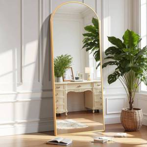 lot 23012 image: OLIXIS Arched Full Length Mirror for Bedroom, 56x15 Full Body Mirror with Stand, Hanging or Leaning for Wall, Aluminum Alloy Thin Frame Floor Standing for Living Room, Long, Gold