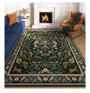 lot 23018 image: Nayoroom 8x10 Vintage Art Decoration Area Rug - Emerald Green Botanical Medallion with Symmetrical Birds & Florals
