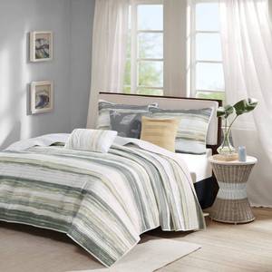 lot 23031 image: Madison Park Quilt Set Cottage Coastal Design, 6 Piece Set - All Season, Coverlet Bedspread Lightweight Bedding Layer, Shams, Toss Pillows, FullQueen (90 in x 90 in), YellowGrey -