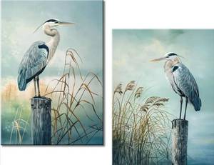 lot 20037 image: 2 Piece Heron Canvas Wall Art Cyan Bird Picture Artwork Coastal Birds Print Painting Modern Birds Picture Poster Framed for Living Room Bedroom Barhroom Wall Decor