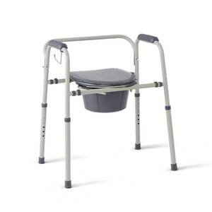 lot 20045 image: Medline 3-in-1 Steel Adjustable Bedside Commode w Microban Protection, Portable Bedside Toilet, 350 lb. Weight Capacity, Removable 7.5 QT. Bucket, Toilet Chair For Elderly, Tool-Free Assembly, Gray - Retail $50