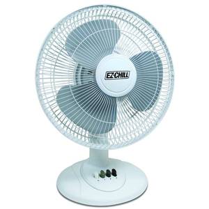 lot 20047 image: EZ-Chill 12 3-Speed Oscillating Table Fan with Adjustable Tilt, Convenient Push Button Controls, Quiet Operation, White, SB-MTSH05Disassembled but powers on - Retail $30
