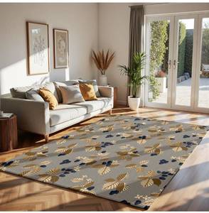 lot 20048 image: Rustic Natural Organic Retro Leaf-Berry Rug Soft Gray Base with Deep Brown Leaves, Navy Berries & Beige Blooms, Non-Slip Indoor Carpet for Living Room & Bedroom, Machine Washable.