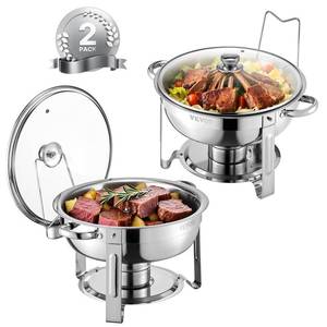 lot 21006 image: VEVOR Chafing Dish Buffet Set,5 Qt 2 Pack,Stainless Steel Chafer with 2 Full Size Pan,Round Catering Warmer Server with Glass Lid Water Pan Folding Stand Fuel Holder, for Wedding Party Banquet, Silver