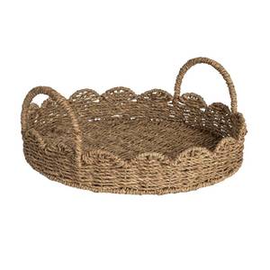 lot 21023 image: Household Essentials Round Handwoven Seagrass Tray with Scalloped Edge and Handles, Natural