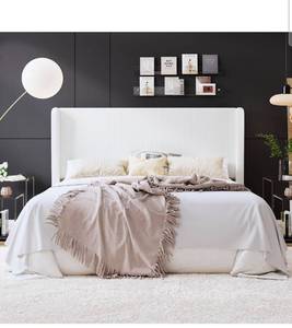 lot 20458 image: SHA CERLIN King Size Corduroy Upholstered Platform Bed Frame with Vertical Channel Tufted Wingback Headboard, 8 Under Bed Storage, Wooden Slats & Metal Frame Support, Easy Assembly, White - Retail $249