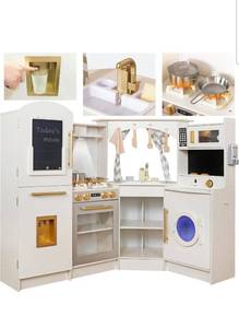 lot 20462 image: Large Wooden Corner Play Kitchen Sets with Ice Maker,Water Dispenser,Bread Maker,Washing Machine,Electronic Display,Toy Sink with Running Water,Stove with Light&Sounds, Birthday Gift for 3Boys Girl - Retail $259