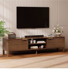 lot 20464 image: TV Stand for Living Room - up to 65 Inch TVs Mid Century Modern Entertainment Center with Storage and Adjustable Shelves, Media Console Table Walnut 59 - Retail $169