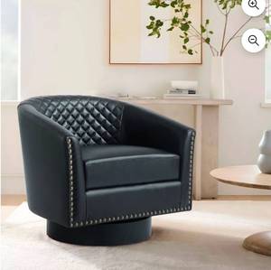 lot 20465 image: DREAMSIDEA Swivel Accent Chair for Living Room, PU Leather 360°Swivel Barrel Club Chair Comfy Single Reading Chair - Black - Retail $169