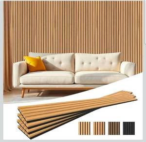 lot 20467 image: 4-Piece Acoustic Wood Wall Panels, 3D Fluted Soundproof Wood Slat Wall Panels for Interior Wall Decor, 94.5 x 7.9-Warm Teak - Retail $129