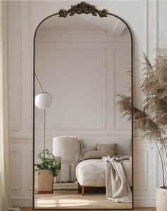 lot 20471 image: Antok Arched Full Length Mirror, 71x28 Floor Mirror with Carved Frame, StandingWall Hanging Large Mirror for Bedroom, Living Room, Cloakroom, Bronze, Retro Style - Retail $184