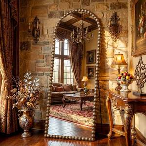 lot 20472 image: Antok 57 x 21 Arched Full Length Mirror, Antique Beaded Frame Floor Standing or Wall Mounted Mirror with Stand for Bedroom, Entryway, Bronze, Luxury Style - Retail $169