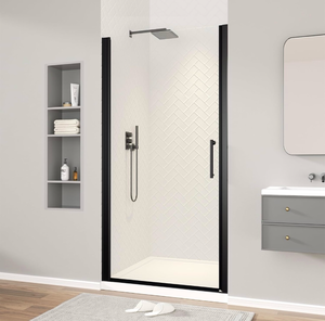 lot 20481 image: Frameless Pivot Shower Door, 30-31.4 W x 72 H Pivot Swing Shower Glass Door with 14(6mm) Clear Tempered Glass, Adjustable Width, Reversible Installation, Matte Black - Retail $249