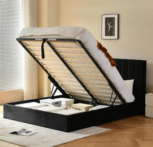 lot 20486 image: YUHUASHI Queen Size Hydraulic Storage Bed, Upholstered Platform Bed Frame, Modern Wingback Design Headboard, Velvet Fabric with Hydraulic Support Bars, No Box Spring Required (Black, Queen) - Retail $369