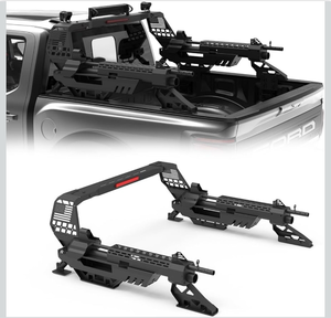 lot 20499 image: Machine Gun Roll Bar for F-Series Silverado Sierra Ram Tundra Titan Pickup Truck, No Drilling Needed Military Gun Bar Chase Rack  Compatible with Retract Bed Cover T-Slots - Retail $599