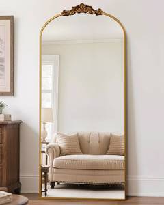 lot 20502 image: Antok Arched Full Length Mirror, 71x32 Floor Mirror with Carved, Full Body Mirrors for HomeDecor, StandingHalling Large Wall Mirror for Bedroom, Living Room, Cloakroom, Gold, Retro Style - Retail $199