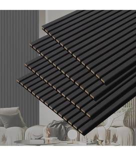 lot 20509 image: 3D Slat Acoustic Wall Panels with Wood Finish Accent, 4 Pack Sound Absorbing Paneling for Studio, Office, Living Room, Bedroom Interior Decor (Matte Black, 48L x 24W) - Retail $128