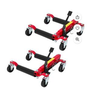 lot 20510 image: Garvee 2 Pack Hydraulic Car Wheel Dolly Jack, Heavy Duty 1500 LBS Car Wheel Dolly Vehicle Skates Positioning with Foot Pedal for Auto Tire Repairing, Vehicle Moving- Red - Retail $191